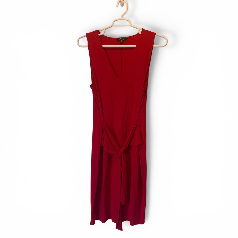 Lauren Ralph Lauren‎ Red V-Neck Front Tie Sleeveless Midi Jersey Dress XL - Picture 2 of 9